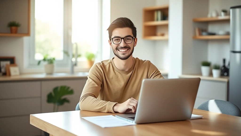Young professional foreigner sitting at modern kitchen table with laptop and health insurance documents, smiling confidently, natural daylight streaming through windows, contemporary apartment setting