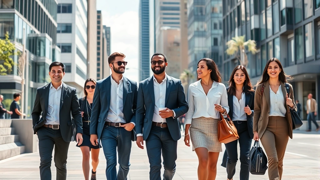 Diverse group of international professionals in casual business attire walking through South Dakota downtown area, modern buildings visible, sunny day, looking engaged and positive about new life