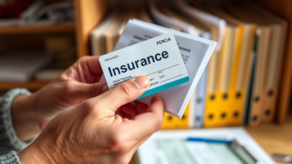 Close-up of hands holding insurance card and medical documents, organized filing system visible, home office background, warm natural lighting, representing healthcare organization and planning