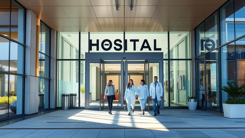 Modern hospital entrance with welcoming architecture, patients and visitors walking through glass doors, natural sunlight streaming through, contemporary medical facility exterior, professional healthcare setting