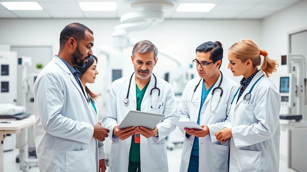 Diverse medical team in white coats collaborating in bright clinical workspace, reviewing patient charts on tablet, experienced physicians and nurses discussing treatment plans, modern hospital interior with advanced equipment visible