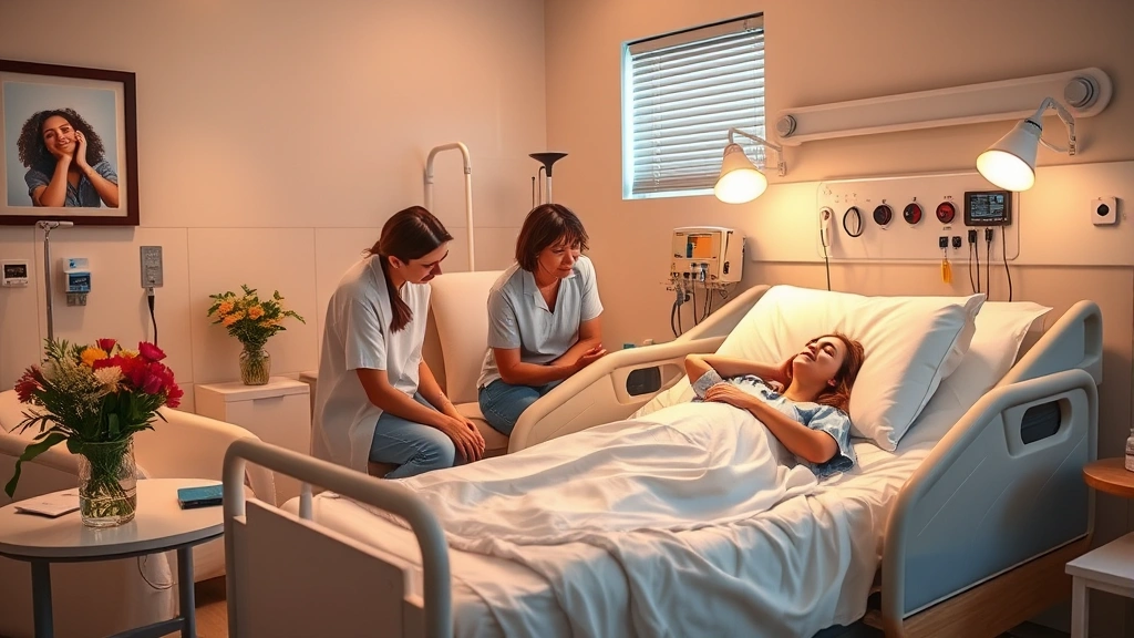 Peaceful patient recovery room with comfortable bed, family members visiting, warm lighting, flowers on bedside table, hopeful atmosphere showing healthcare compassion and comfort care