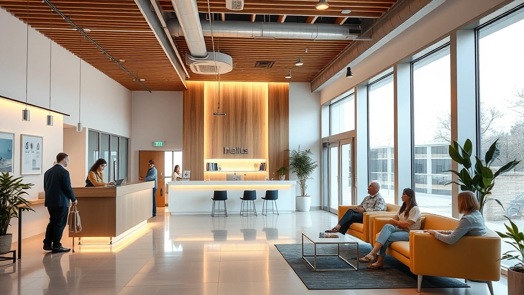 Modern healthcare facility reception area with warm lighting, welcoming architectural design, diverse patients in comfortable seating area, contemporary wellness clinic interior, natural light through large windows, professional yet approachable atmosphere