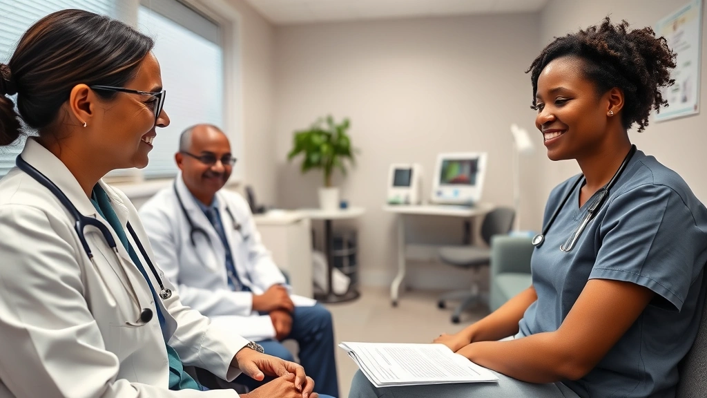 Healthcare provider consultation room showing compassionate doctor-patient interaction, comfortable clinical setting with modern equipment, diverse medical professional in conversation with patient, evidence-based care environment, professional yet calming medical space