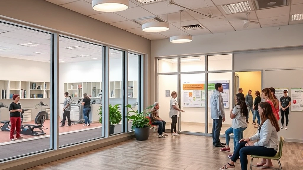 Integrated wellness center showing multiple health services: fitness area visible through windows, consultation spaces, community health education materials displayed, diverse people engaged in wellness activities, holistic healthcare environment, modern medical facility amenities