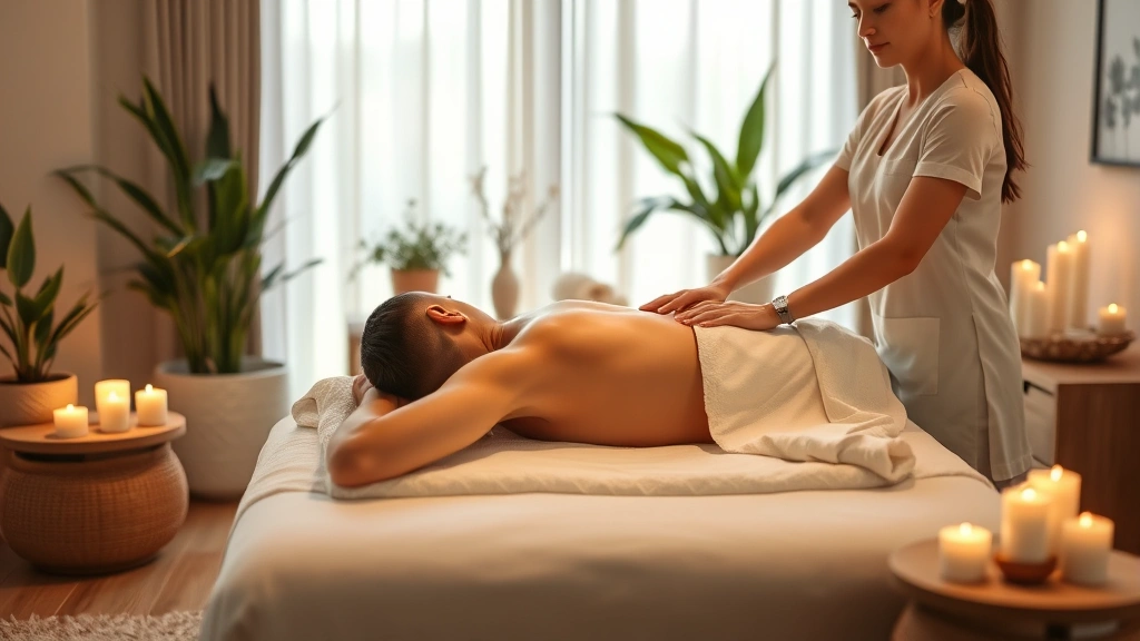 Professional spa therapist performing relaxing massage on client in tranquil treatment room, soft linens, warm lighting, potted plants, candles, and calming botanical aromatherapy elements