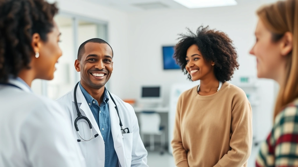 Professional healthcare worker in white coat smiling warmly at diverse patient in modern clinic office, bright natural lighting, welcoming atmosphere, medical equipment visible in background