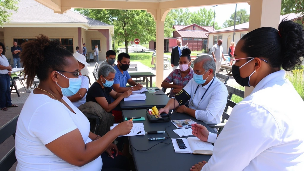 Community health screening event with diverse residents checking blood pressure and receiving wellness consultations from medical professionals at outdoor pavilion, sunny day, comfortable seating areas