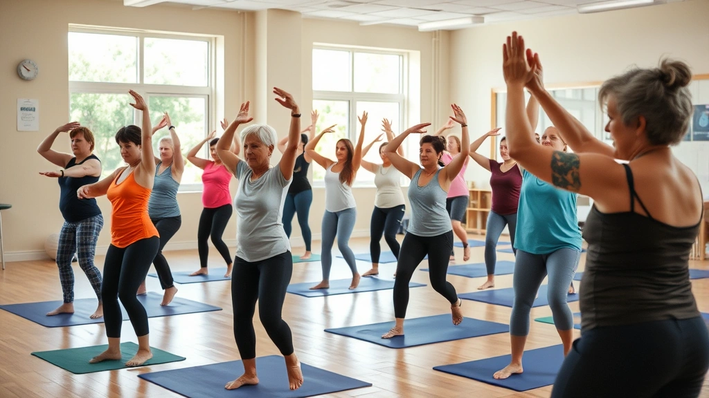 Group fitness class in community center with diverse participants of various ages doing gentle stretching exercises, bright studio lighting, motivational atmosphere, healthy active lifestyle