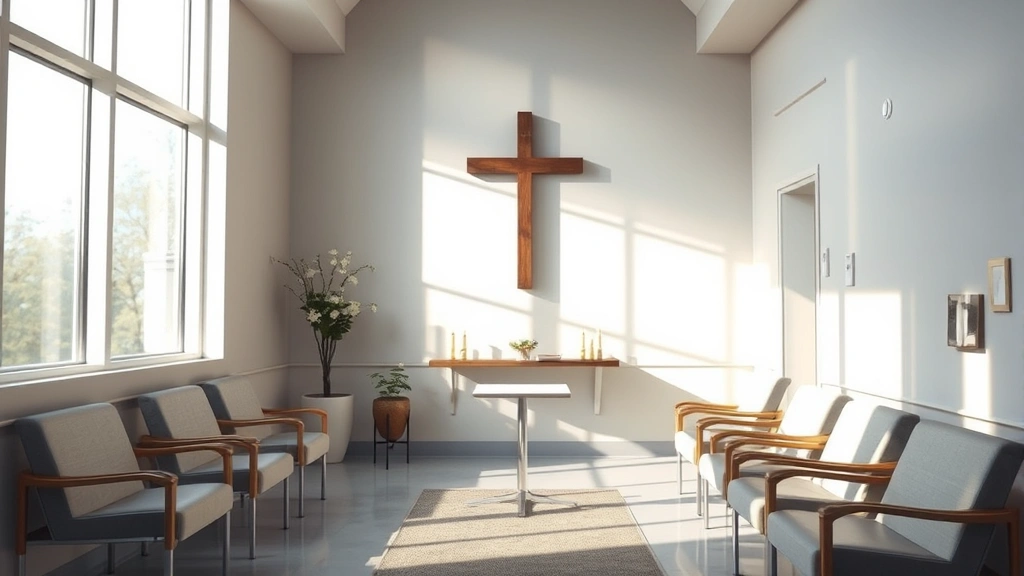 Peaceful hospital chapel with soft natural light streaming through windows, comfortable seating, candles, cross on wall, serene spiritual healing space