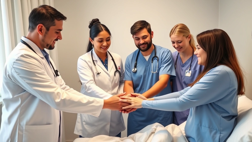 Diverse medical team including doctor, nurse, chaplain, and counselor gathered around patient bedside with warm compassionate expressions, holding hands in prayer circle