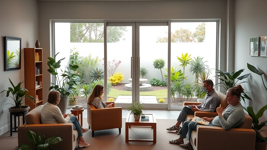 Wellness center interior with meditation garden visible through glass doors, comfortable lounge area with patients reading, comfortable furniture, plants, calming colors