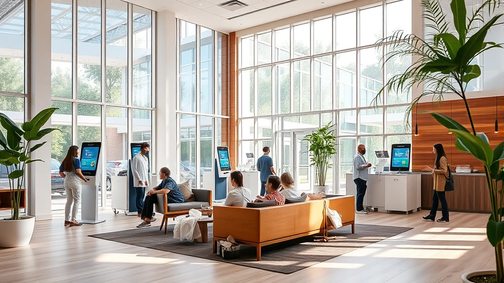 Modern healthcare facility reception area with welcoming natural light, comfortable seating, diverse patients checking in at digital kiosks, warm wood tones and plants creating calming atmosphere