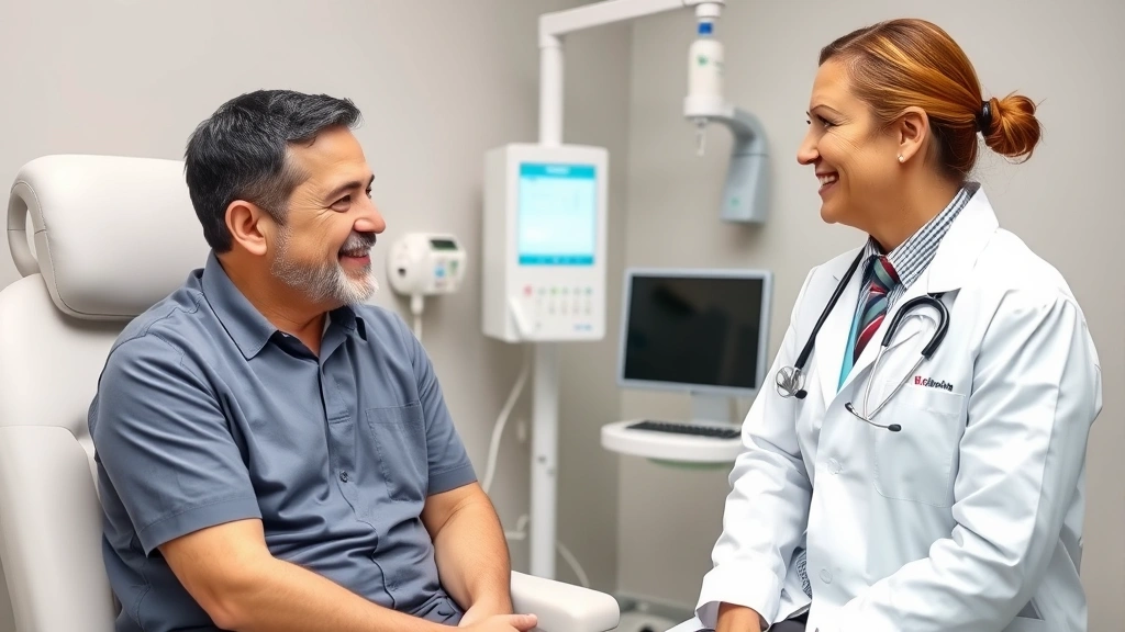 Professional female physician in white coat consulting with middle-aged male patient in examination room, both smiling, modern medical equipment visible, compassionate healthcare interaction
