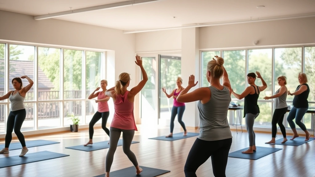 Wellness center studio space with people participating in group fitness class, large windows showing outdoor views, bright natural lighting, participants of various ages and abilities exercising together