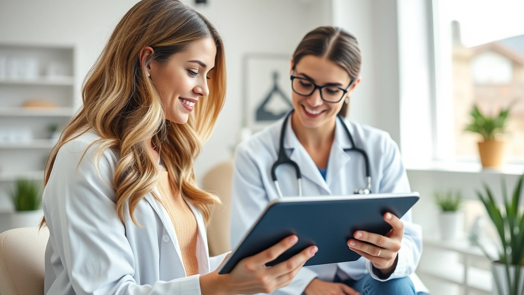 Woman reviewing health metrics on tablet with healthcare provider in bright modern clinic, natural lighting, professional wellness consultation setting