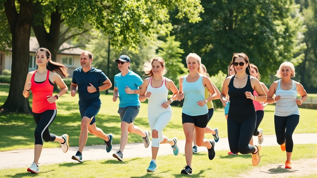 Diverse group of people exercising together in sunny park—jogging, stretching, strength training with dumbbells, vibrant active lifestyle scene