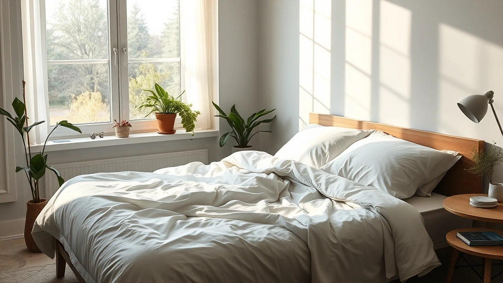 Serene bedroom with soft morning light, unmade comfortable bed, plants by window, peaceful sleep environment showcasing rest and recovery