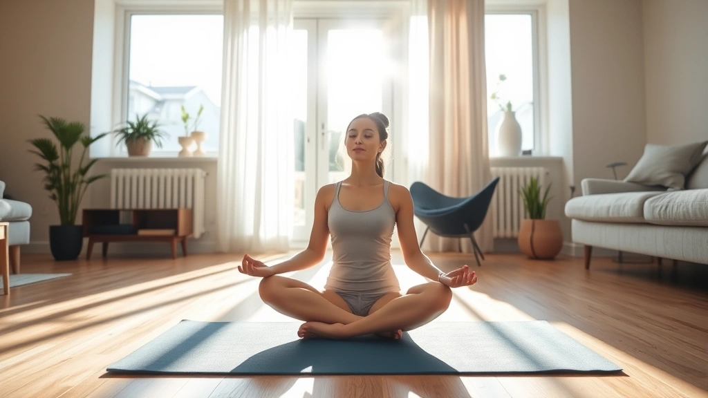 Woman meditating peacefully on yoga mat in bright modern apartment, morning sunlight streaming through windows, serene expression, wellness lifestyle aesthetic