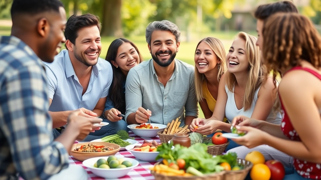 Diverse group of friends laughing together at outdoor picnic with healthy meals displayed, fresh fruits and vegetables, genuine connection and wellness community moment