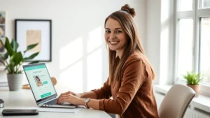 Young professional woman sitting at home office desk, smiling while using laptop with Clover Health portal open on screen, natural lighting from window, modern minimalist workspace, calm focused expression