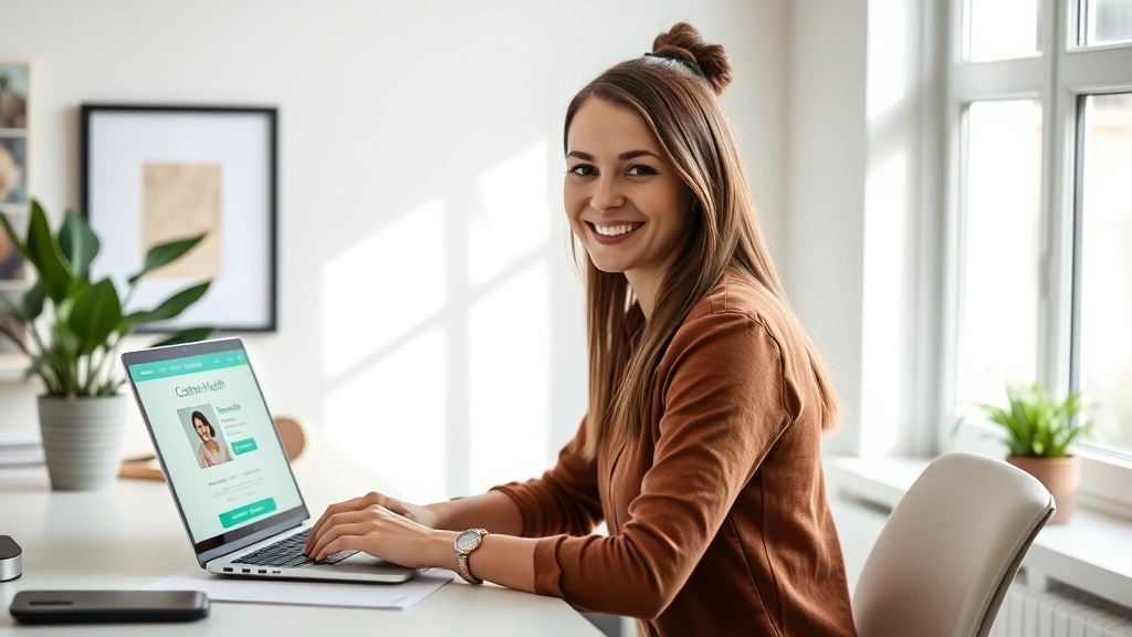 Young professional woman sitting at home office desk, smiling while using laptop with Clover Health portal open on screen, natural lighting from window, modern minimalist workspace, calm focused expression