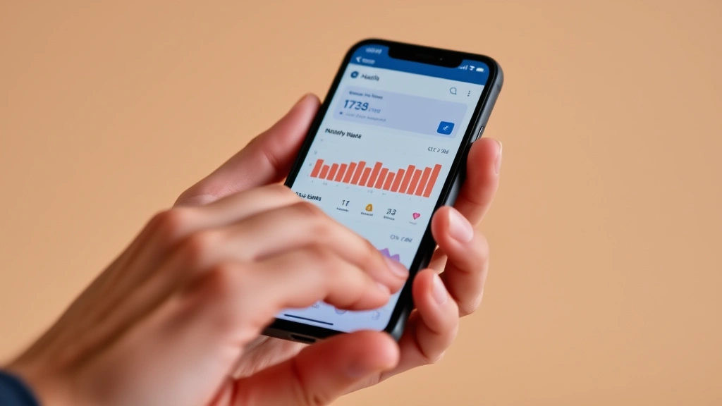 Close-up of hands holding smartphone displaying health app dashboard with charts and data, warm neutral background, professional yet approachable aesthetic, modern mobile interface visible