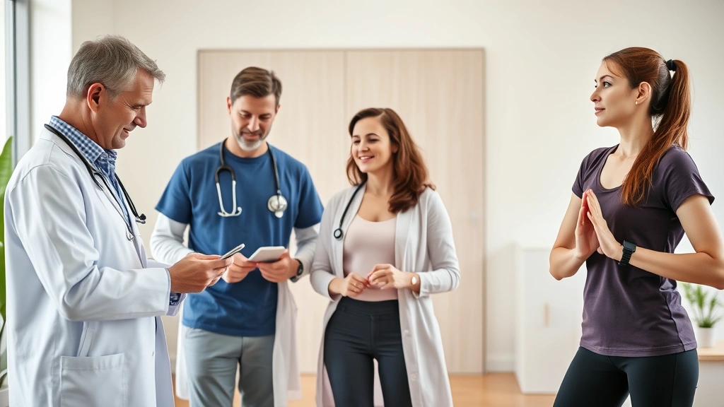 Diverse group of people in wellness setting - one checking phone, one consulting with healthcare provider, one exercising, showing holistic health management and preventive care lifestyle