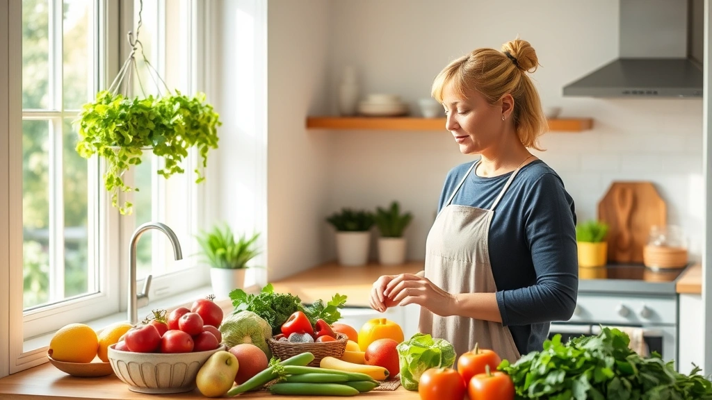 Woman in bright kitchen preparing fresh colorful vegetables and fruits, natural morning light streaming through windows, warm wooden countertops, healthy ingredients displayed, peaceful wellness atmosphere