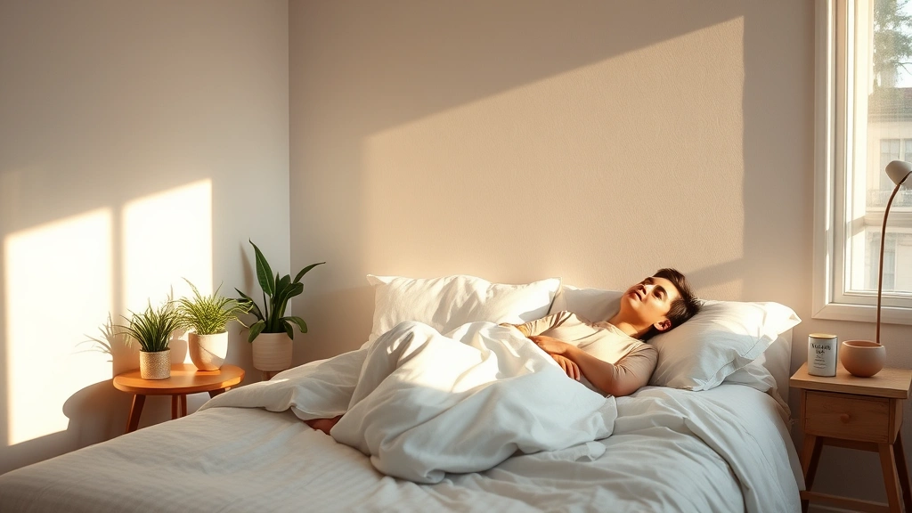 Serene bedroom with soft natural light, comfortable bedding, minimalist design, plants on nightstand, warm ambient lighting, peaceful sleep environment, person relaxing peacefully