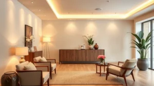 Serene spa reception area with soft warm lighting, comfortable seating, fresh flowers, and welcoming modern aesthetic, peaceful Paterson wellness environment