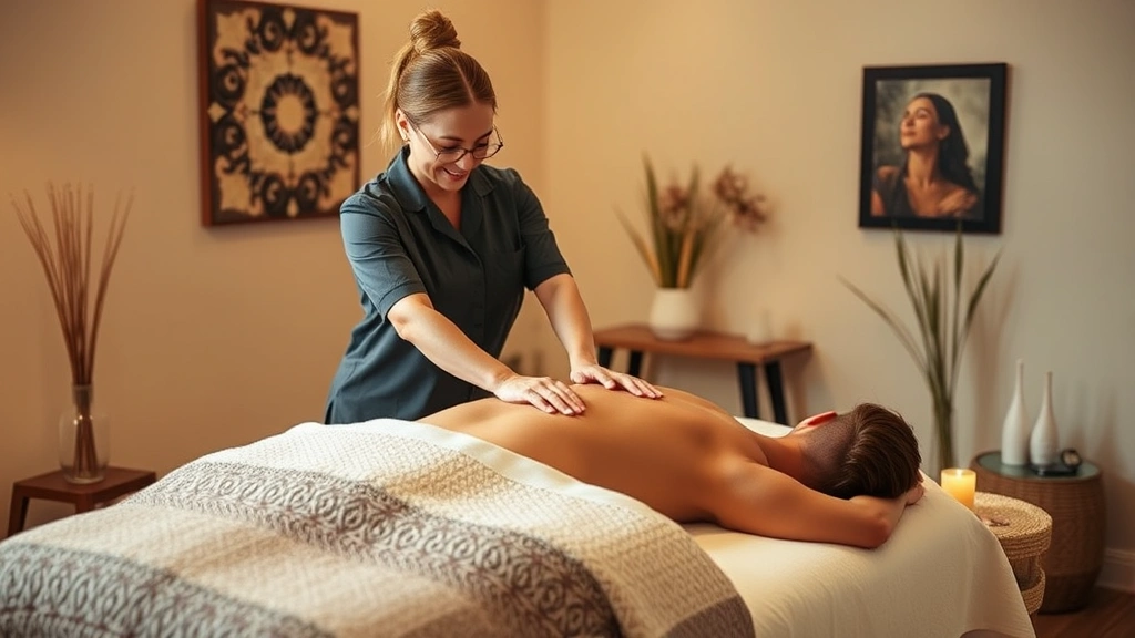 Professional massage therapist performing deep tissue massage on client in tranquil treatment room, warm tones, relaxing atmosphere, hands-on wellness care
