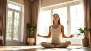 Serene woman meditating in bright morning sunlight by large windows, peaceful home environment, wellness lifestyle, natural light, calm expression, modern minimalist interior