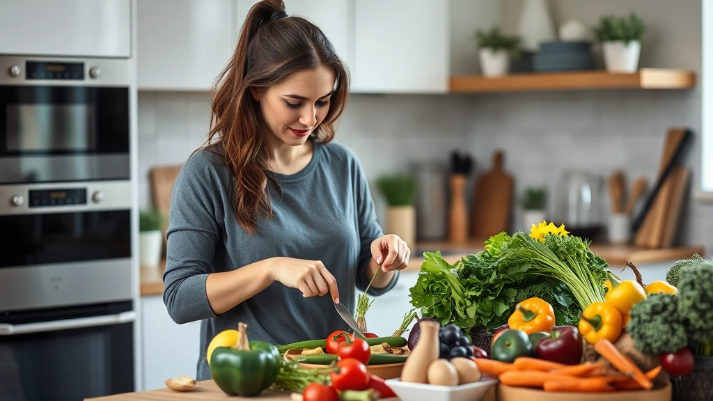 Woman preparing fresh colorful vegetables and fruits in modern kitchen, healthy meal prep, nutritious food preparation, bright natural lighting, wholesome ingredients, wellness routine