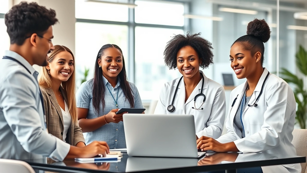 Professional diverse healthcare team collaborating in modern office with bright natural lighting, laptops and patient data displayed, confident and engaged expressions, contemporary workspace design