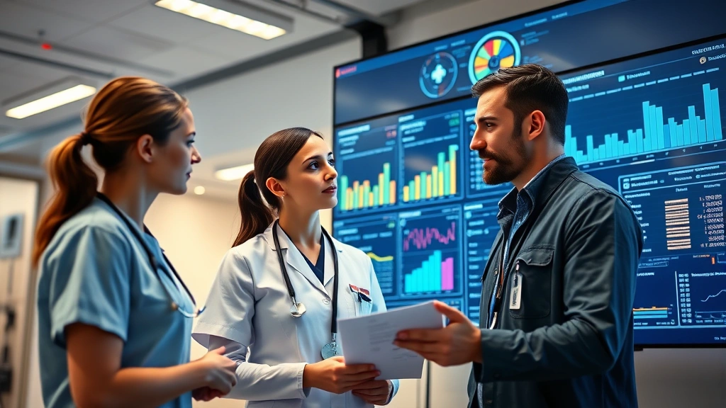 Female nurse and male data analyst reviewing patient metrics on large screen in healthcare facility, modern technology interface, focused professional environment, warm professional atmosphere