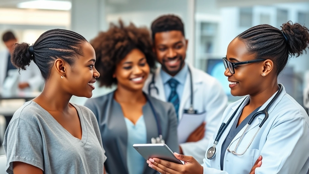 Young healthcare professional mentoring colleague in clinical setting, diverse team environment, modern medical technology background, supportive collaborative moment, natural daylight