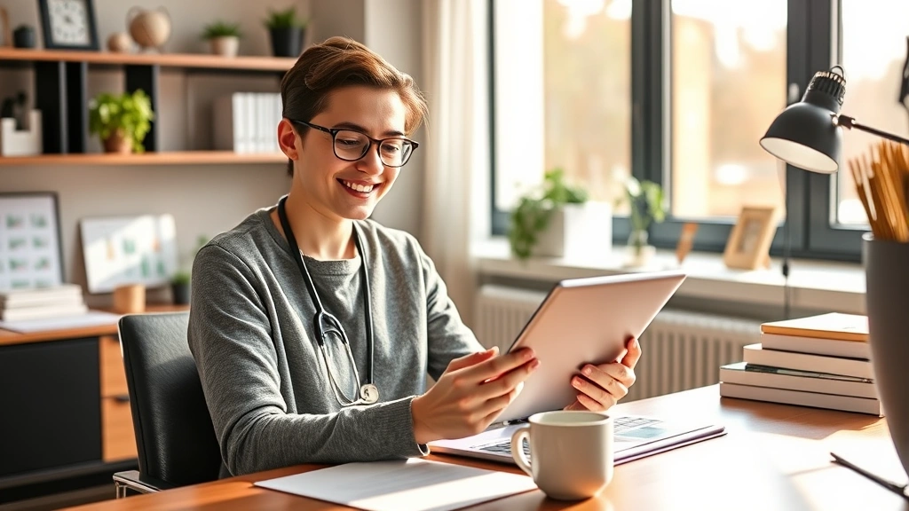 Young professional reviewing healthcare documents on tablet while sitting in modern home office, warm natural lighting, organized desk with coffee cup, confident expression, contemporary lifestyle setting
