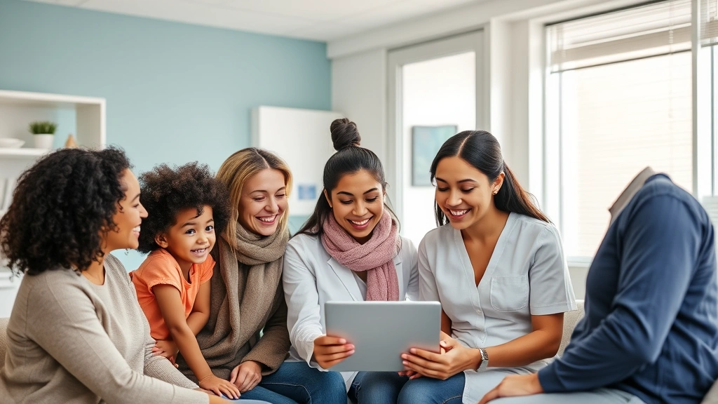 Family of four meeting with healthcare advisor in bright clinic office, diverse group, smiling, looking at tablet together, professional yet welcoming environment, health-conscious atmosphere