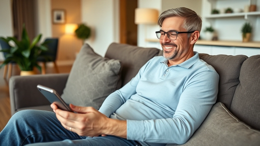 Person using smartphone to make payment on couch, warm home setting, relaxed posture, digital payment app visible, modern apartment background, peaceful expression, financial wellness moment