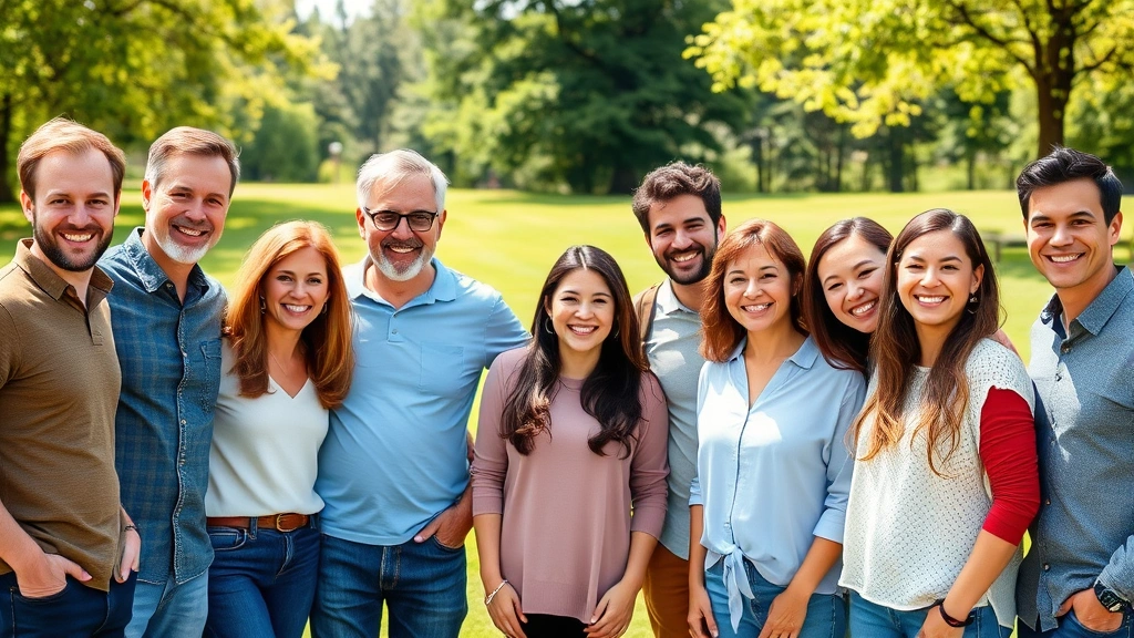 Diverse group of smiling people of different ages and ethnicities standing together outdoors in sunny park setting, wearing casual comfortable clothing, relaxed natural poses, bright green grass and trees in background