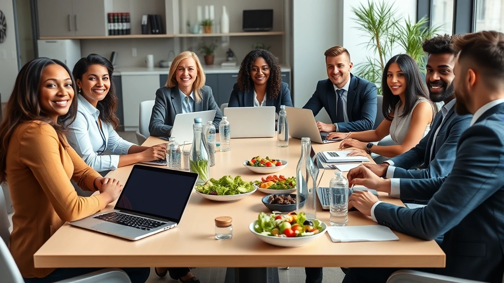 Professional diverse team of men and women sitting around modern conference table with fresh salads, water bottles, and healthy lunch options, laptops open, collaborative friendly atmosphere, natural office lighting