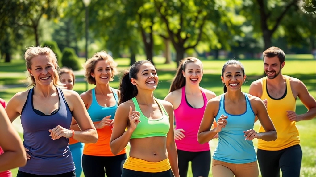 Diverse group of people in colorful athletic wear laughing together at outdoor fitness class in sunny park, genuine joy and connection visible on faces, natural daylight, candid lifestyle photography
