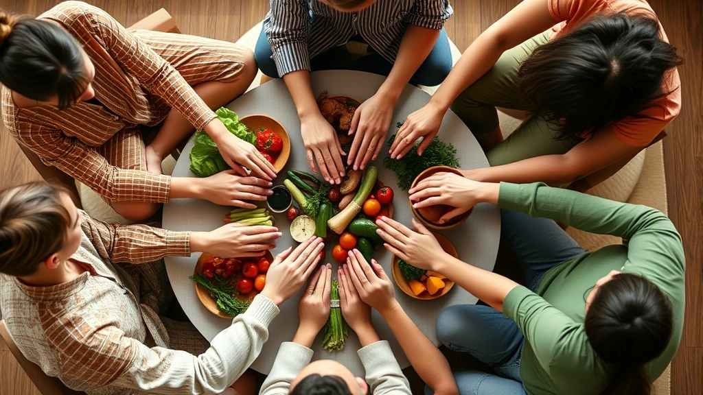 Overhead shot of wellness community members sitting in circle sharing healthy meal together, fresh vegetables and fruits on table, warm natural lighting, hands reaching to share food, authentic connection