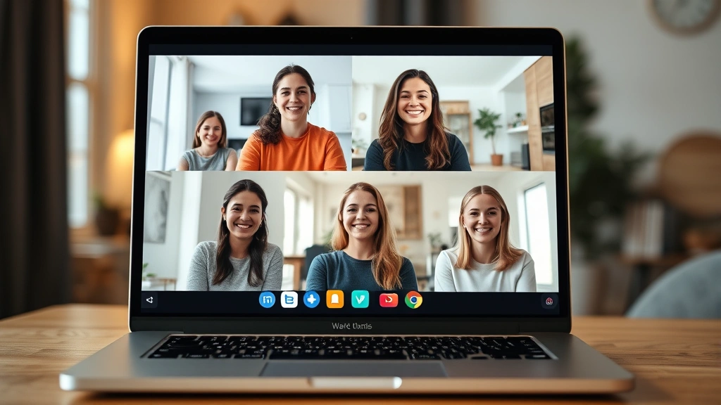 Virtual wellness community video call on laptop screen showing smiling participants from different rooms, modern home settings, warm lighting, genuine engagement and support visible, digital connection theme