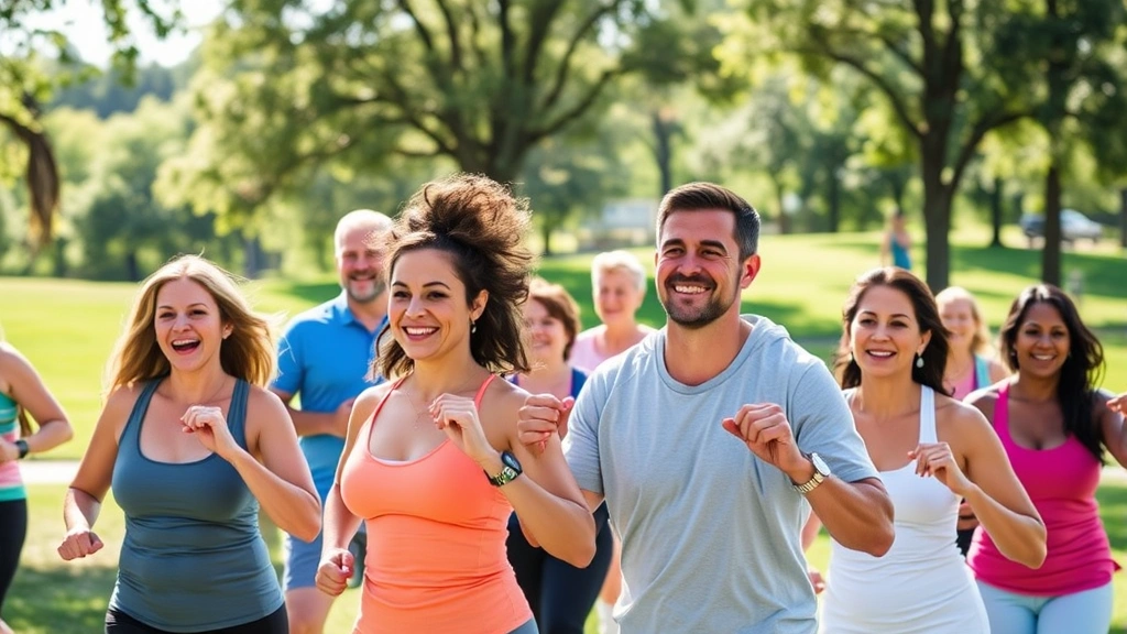 Diverse group of community members exercising together in a sunlit park, smiling and engaged, trees and grass visible, natural daylight, vibrant and energetic atmosphere