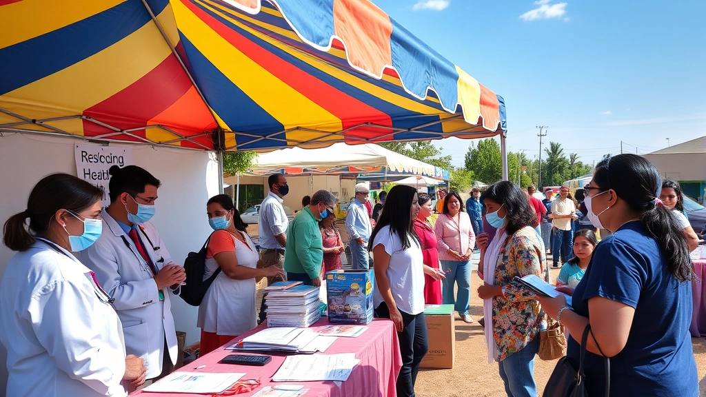 Colorful community health fair tent with medical professionals and residents interacting, health screening stations, informational materials, outdoor setting with blue sky and natural lighting