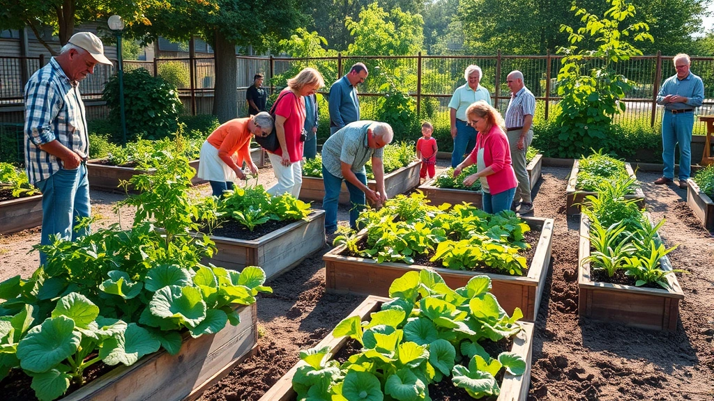 Multi-generational community garden with raised beds, fresh vegetables growing, diverse people tending plants together, morning sunlight, lush green plants and soil visible