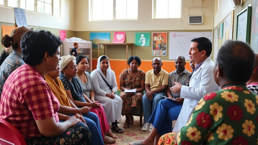 Community health professional conducting health education workshop with diverse group of adults in colorful community center setting, engaging presentation, natural lighting, warm atmosphere