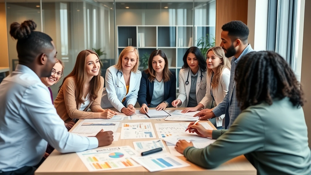 Diverse team of community health professionals collaborating during planning meeting in modern office environment with health charts and wellness materials on table, professional yet approachable